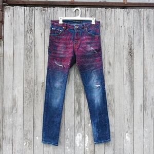 Avenue George V  Red Rhinestone Skinny Jeans Mens Sz 32 Button Fly Distressed